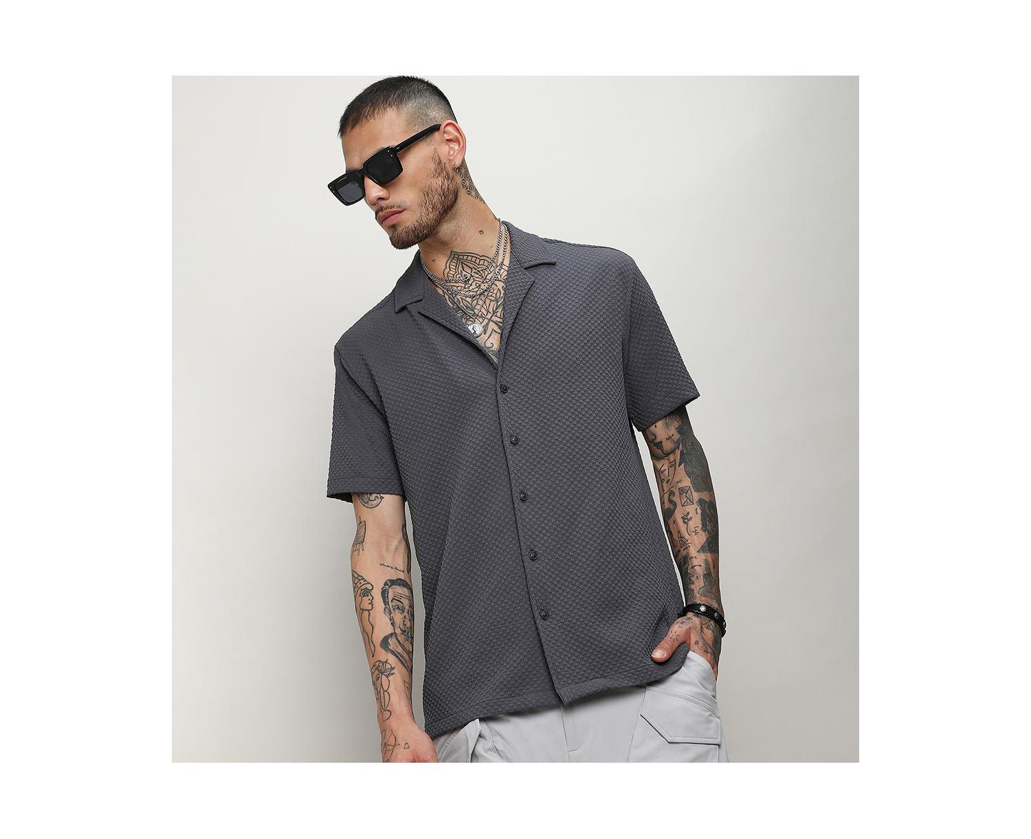 Men's Charcoal Grey Self-Design Block Shirt