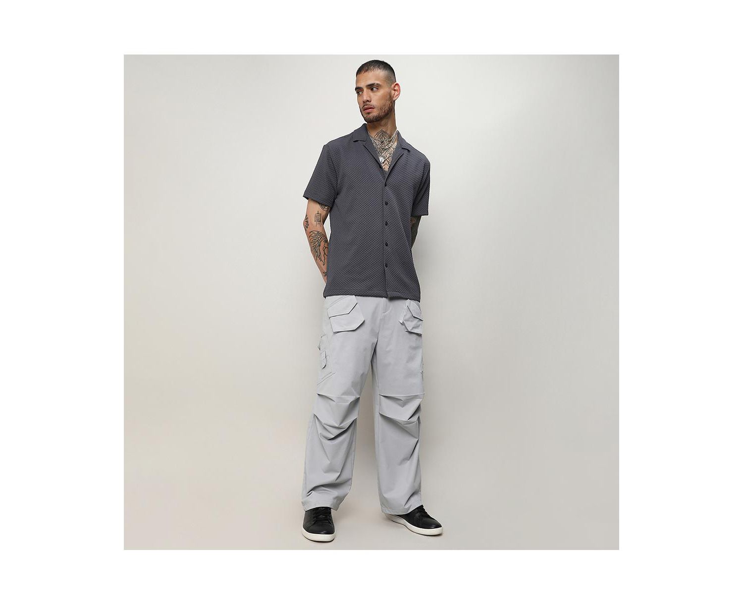 Men's Charcoal Grey Self-Design Block Shirt