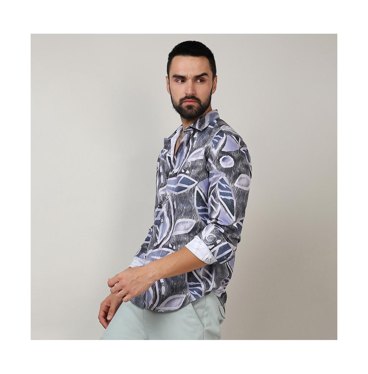 Campus Sutra Men's Charcoal Grey & PrussianMarble Foliage Shirt - Blue