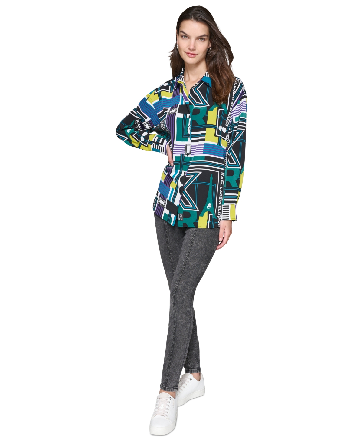 Karl Lagerfeld Paris Women's Oversized Printed Button-Front Top - Soft White  Green