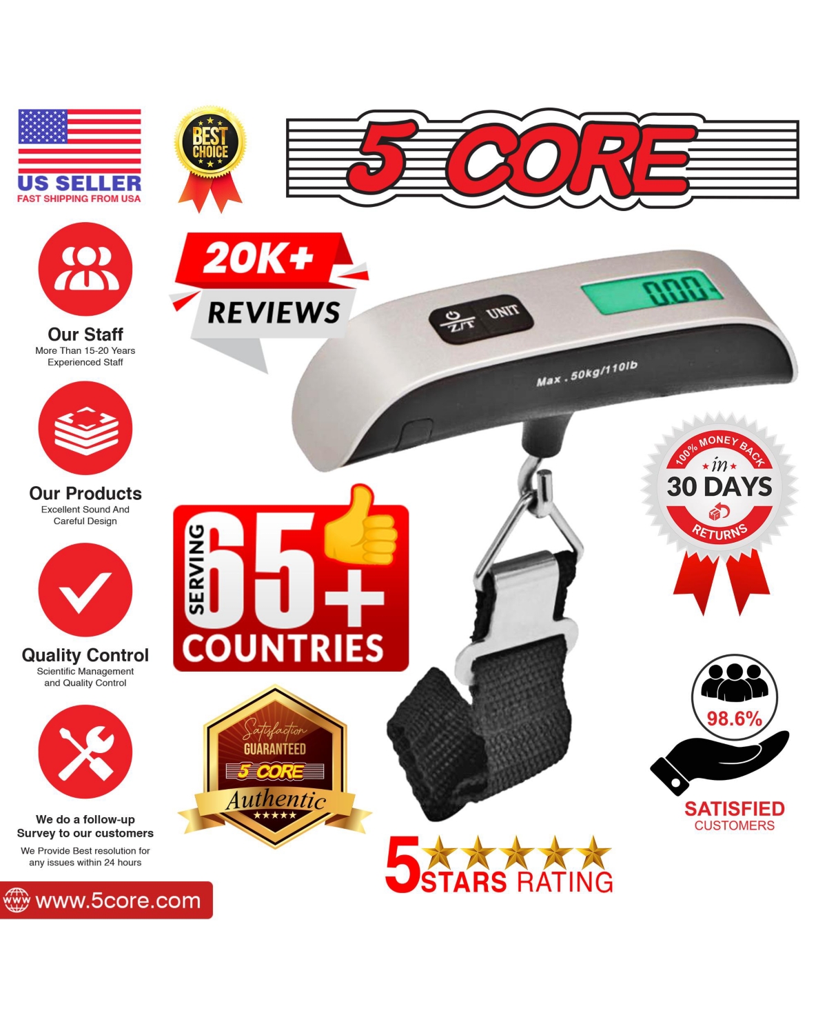 5 Core Luggage Scale 110lbs Capacity Digital Travel Weight Scale • Hanging Baggage Weighing Machine Lss-004