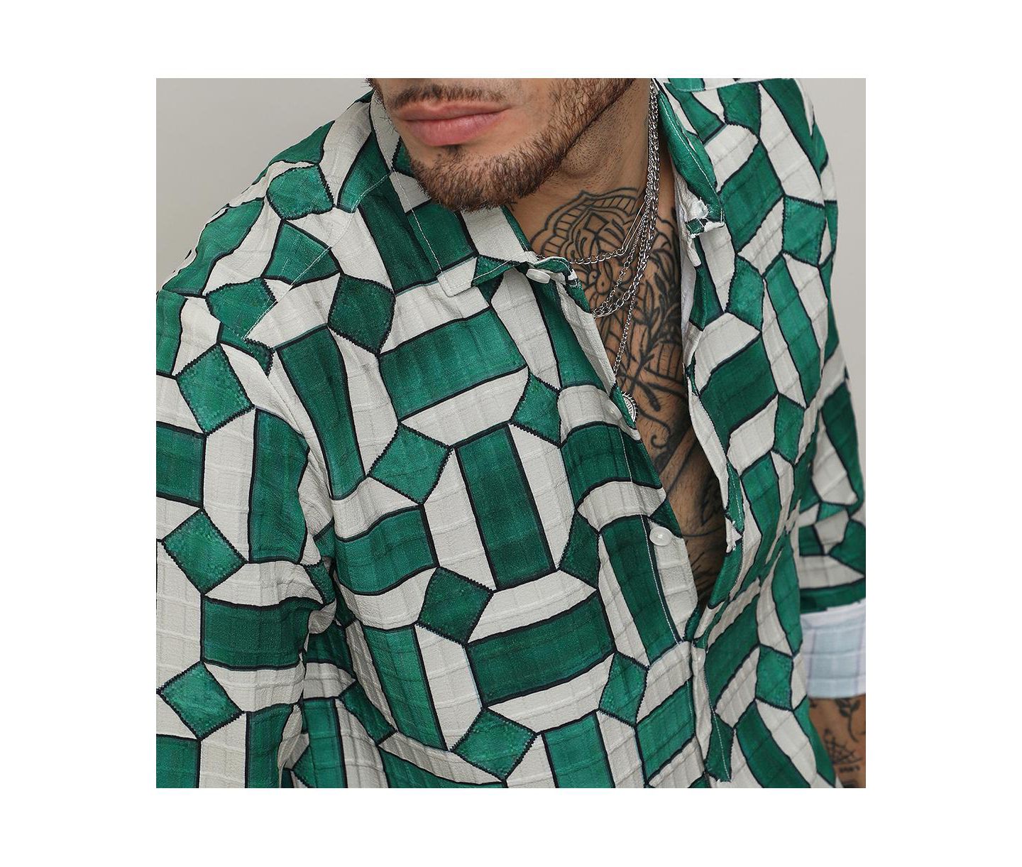 Мужская рубашка Cahoot Emerald Green & Ivory White Contrast Block, цвет: Белый — фото 6