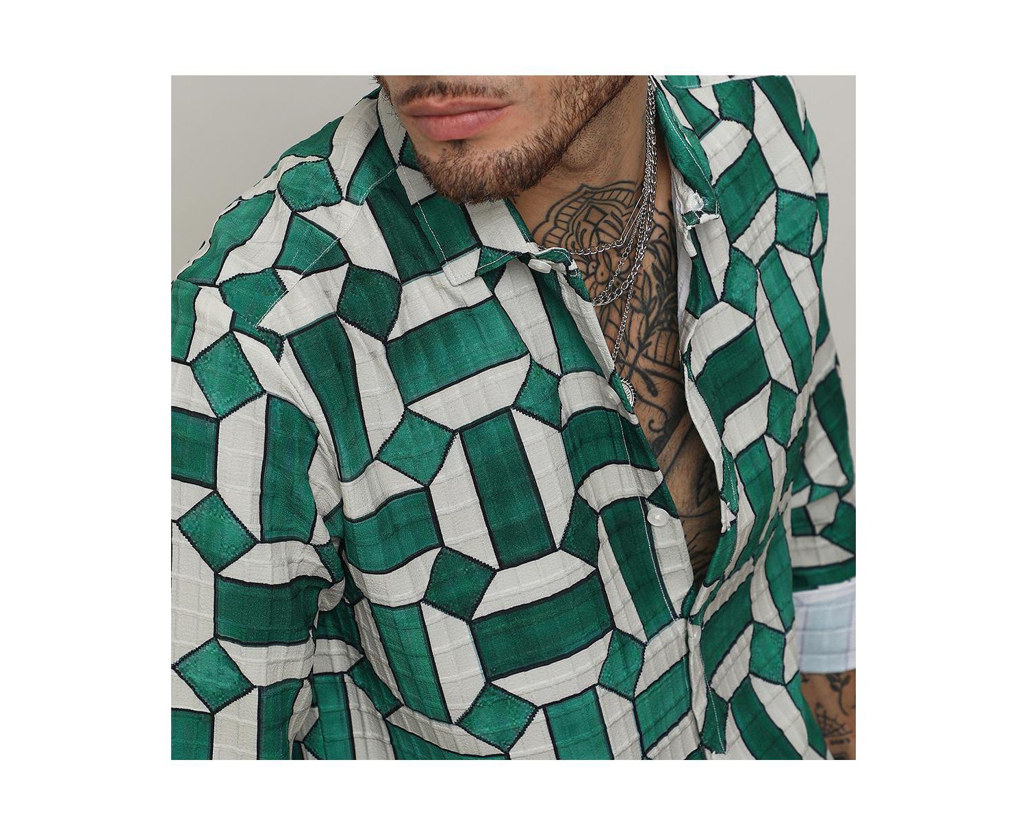 Men's Emerald Green & Ivory White Contrast Block Shirt