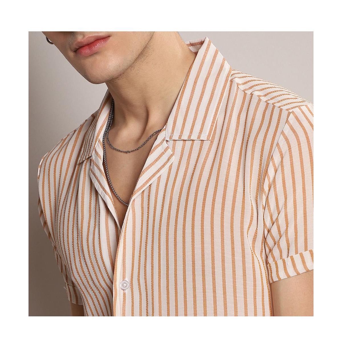 Campus Sutra Men's& Brown Unbalanced Striped Shirt - White