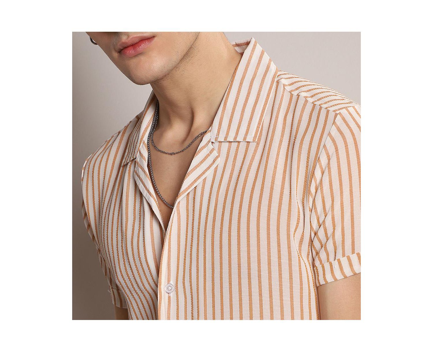 Men's White & Brown Unbalanced Striped Shirt