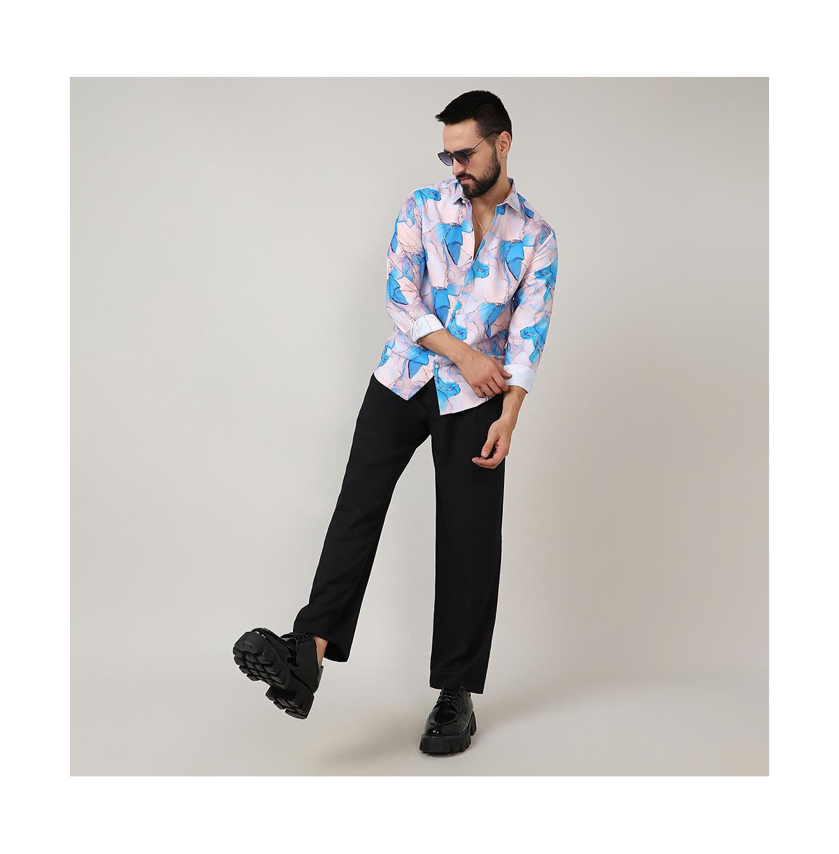 Campus Sutra Men's Sky Blue & IvoryMarble Shirt - White