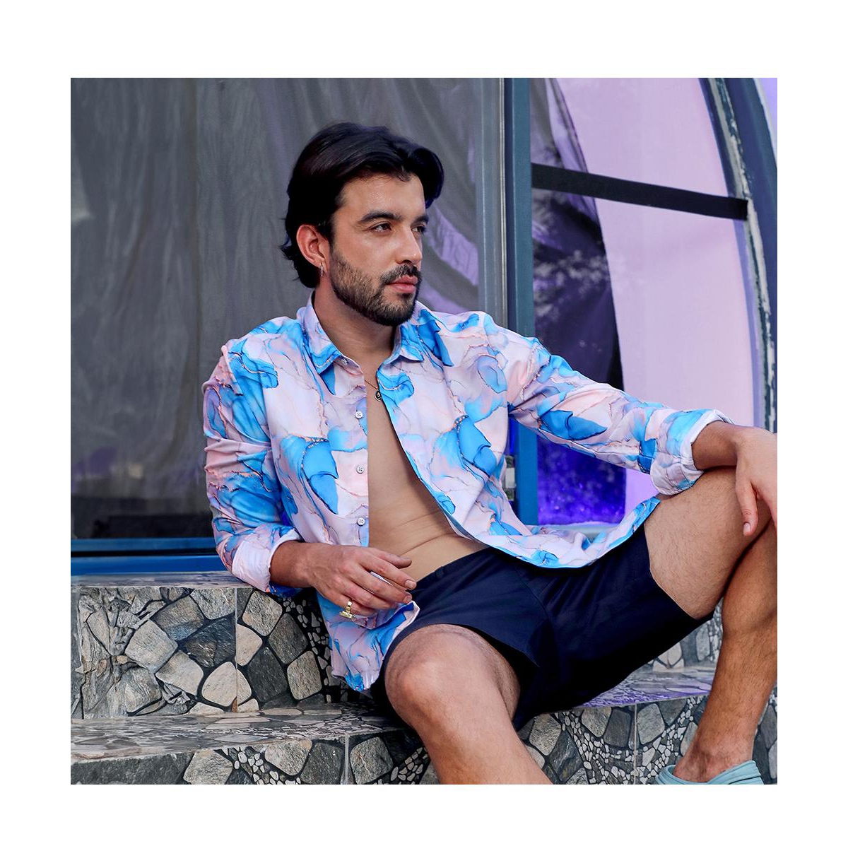 Campus Sutra Men's Sky Blue & IvoryMarble Shirt - White