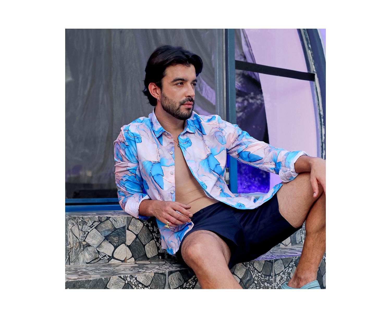 Men's Sky Blue & Ivory White Marble Shirt
