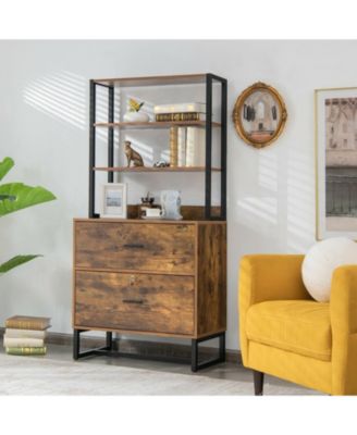 Letter Size Lateral File Cabinet with Lock and Bookshelf-Rustic