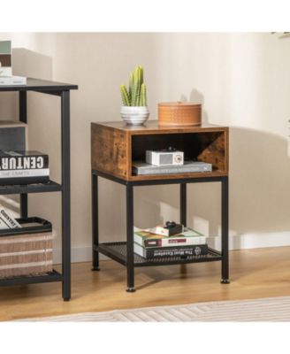 Industrial Nightstand End Side Table with Mesh Shelf