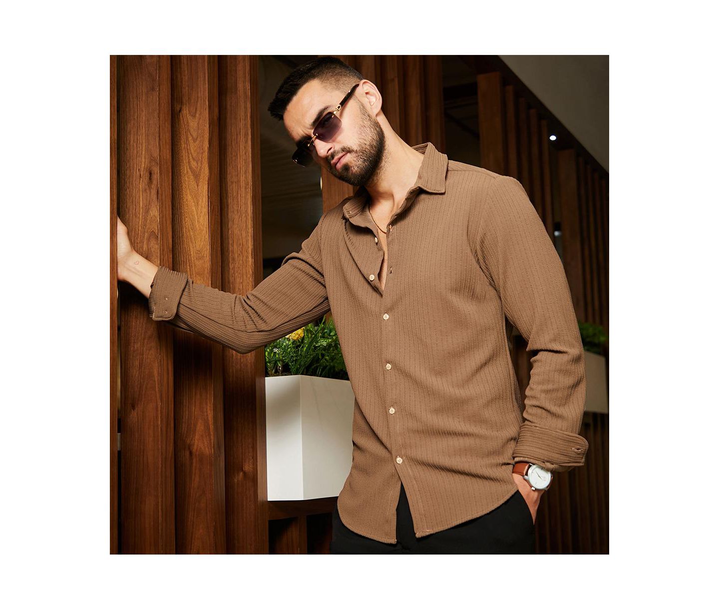 Мужская рубашка Cahoot Campus Sutra Tan Brown Stripe-Creased, цвет: Коричневый — фото 5