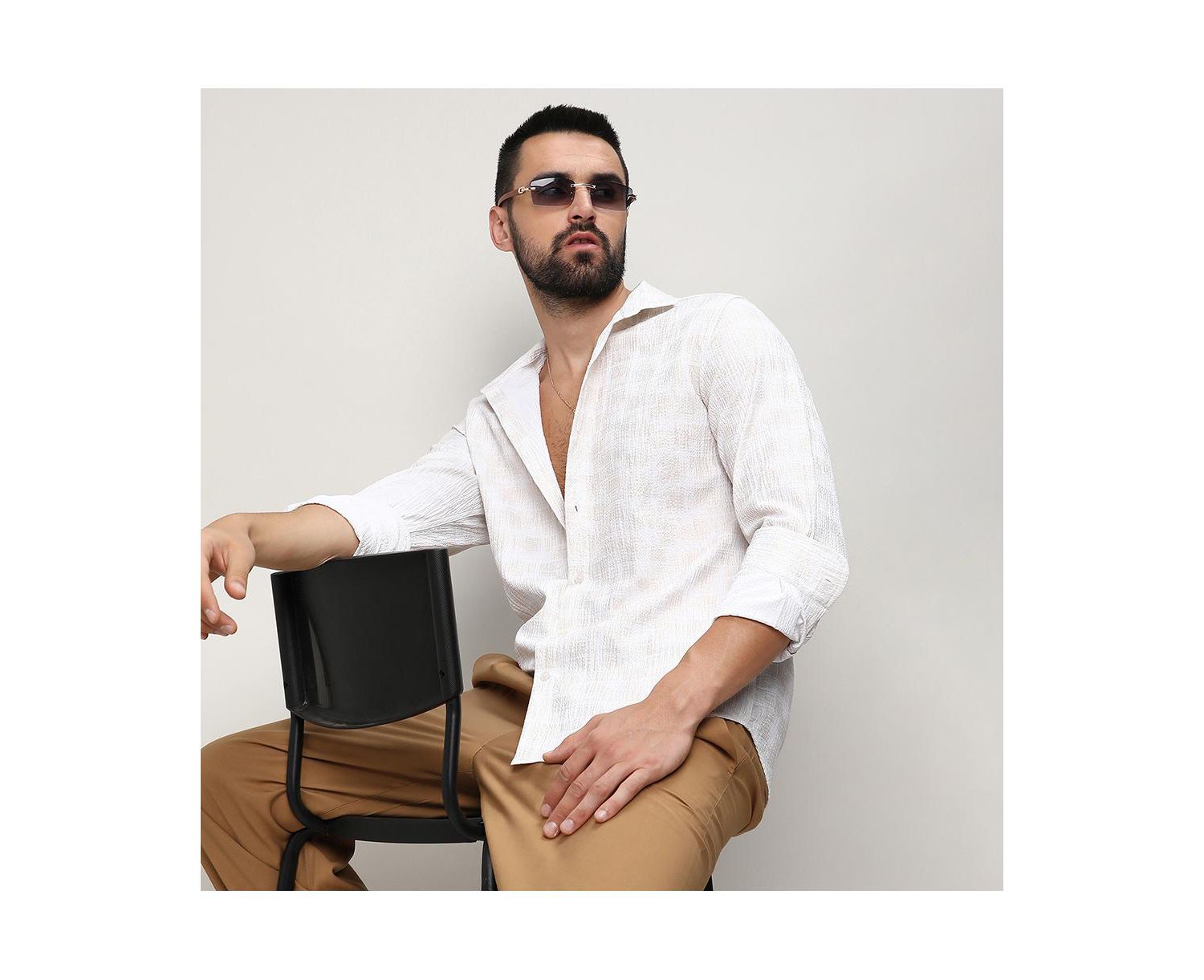 Men's Ivory White Foil-Creased Shirt