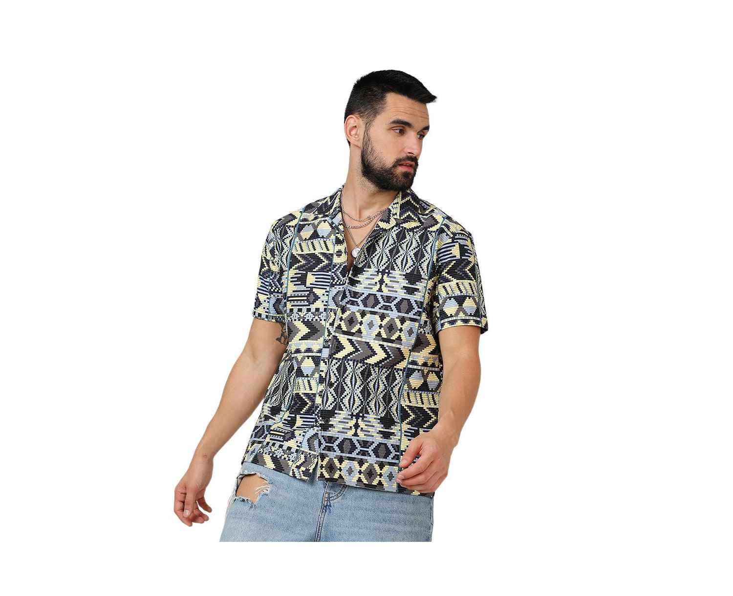 Men's Sky Blue & Lemon Yellow Bohemian Shirt