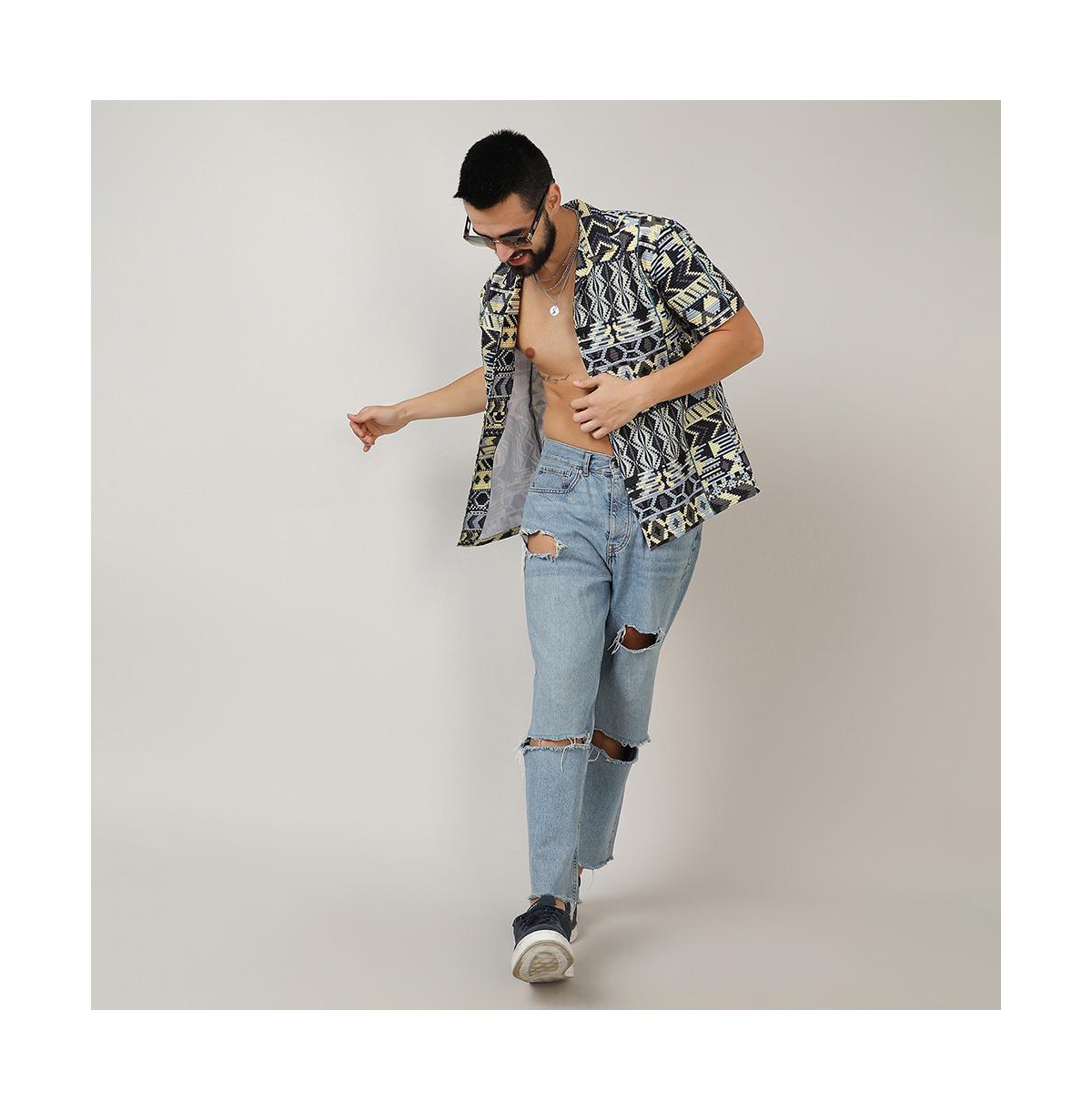 Campus Sutra Men's Sky& Lemon Yellow Bohemian Shirt - Blue