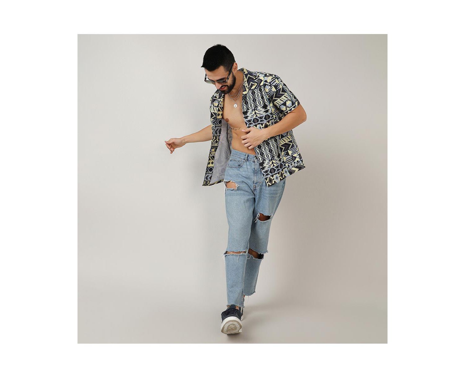 Men's Sky Blue & Lemon Yellow Bohemian Shirt