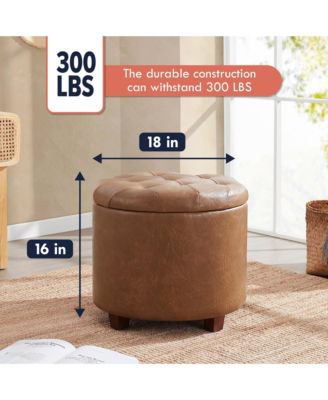 Faux Leather Round Storage Ottoman with Legs and Lift Off Lid
