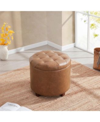Faux Leather Round Storage Ottoman with Legs and Lift Off Lid