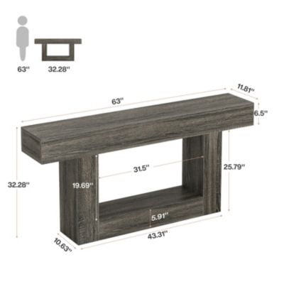 63" Console Table, Farmhouse 2-Tier Entryway Table with U-Shaped Base, Narrow Long Wood Sofa Table Behind Couch Table