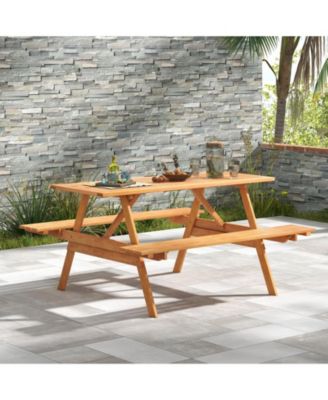 6 Person Picnic Table Set Patio Rectangle with 2 Built-in Benches and Umbrella Hole