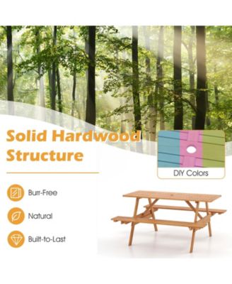 6 Person Picnic Table Set Patio Rectangle with 2 Built-in Benches and Umbrella Hole