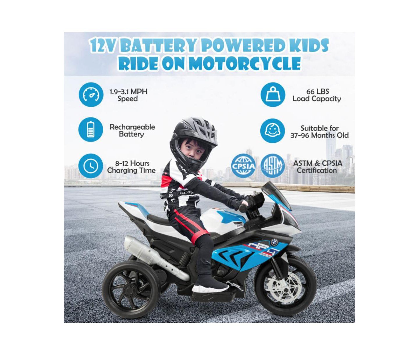 Детская игрушка VEBREDA 12V Licensed Kids Toy Motorcycle Ride On Bike with LED Lights, Music and Forward Reverse Drive, цвет: Синий — фото 2