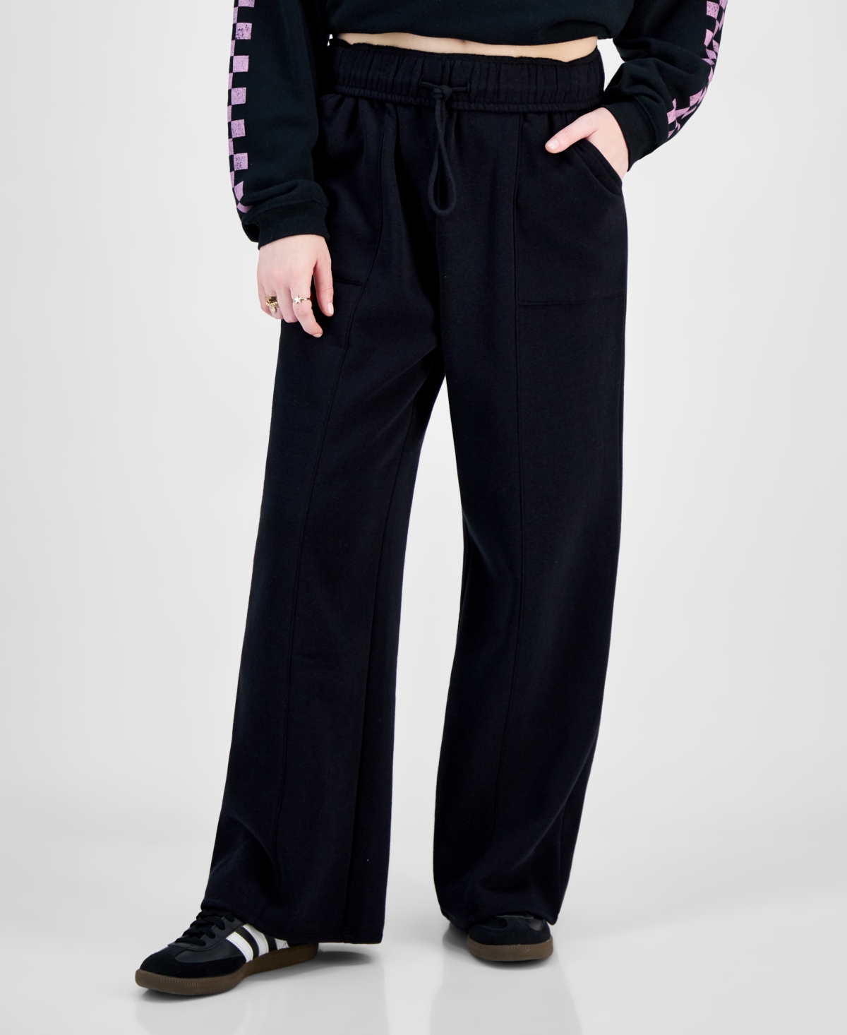 Juniors' Foldover-Waistband Wide-Leg Sweatpants - Black