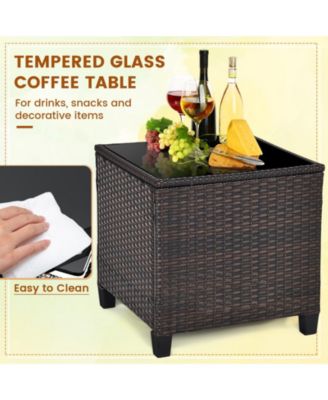 3 Pieces Patio Rattan Furniture Set with Washable Cushions and Tempered Glass Tabletop