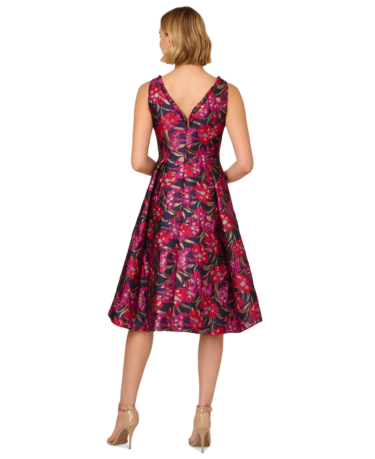 Adrianna Papell Women's Ruffled Floral Jacquard High-Low-Hem Dress -Red Multi