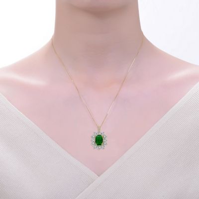 Sterling Silver 14k Gold Plated Green Cubic Zirconia Oval Halo Cluster Necklace