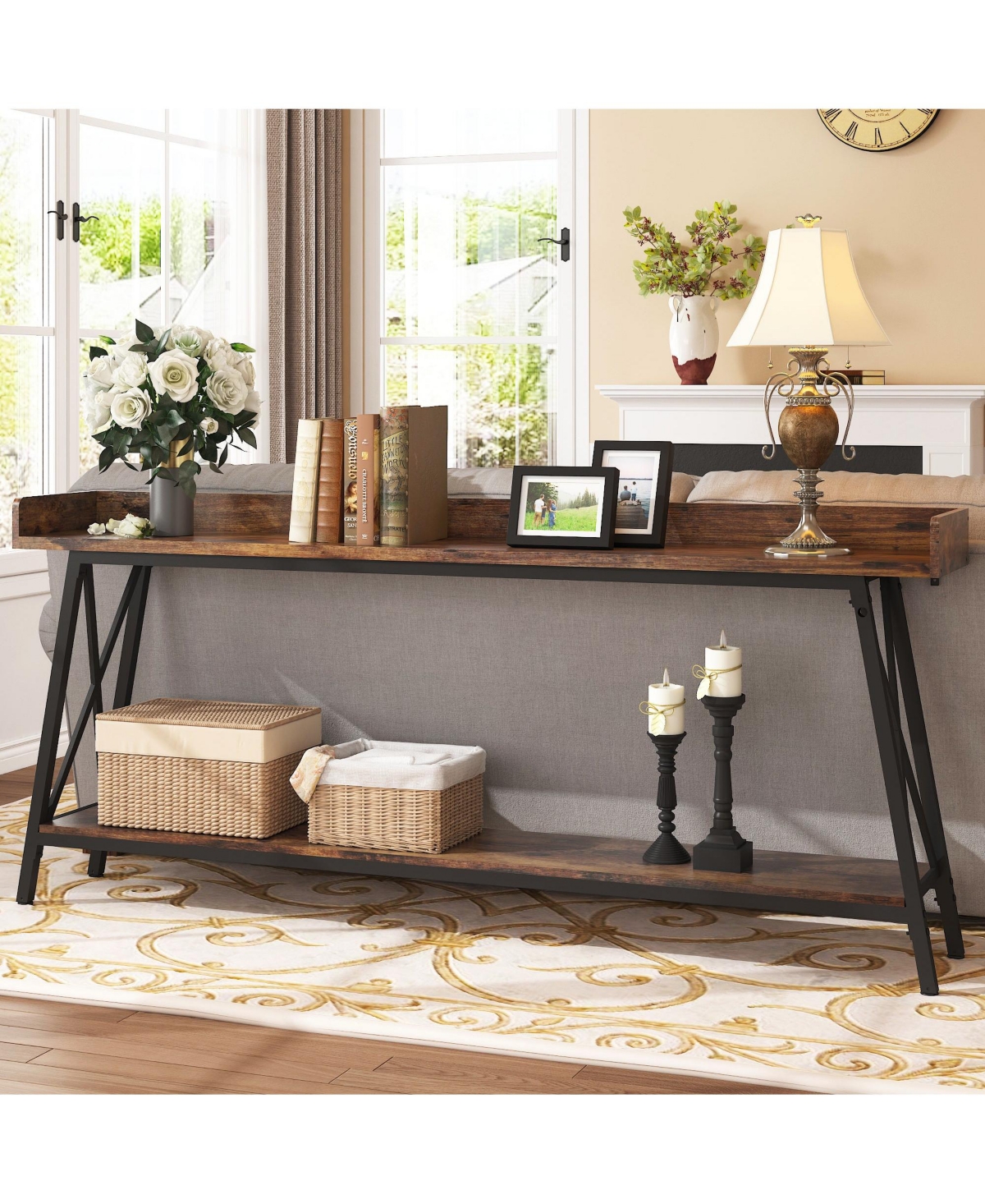 Mondawe 70.87inchBlack Extra Long Console Table Behind Couch for Living Room - Brown