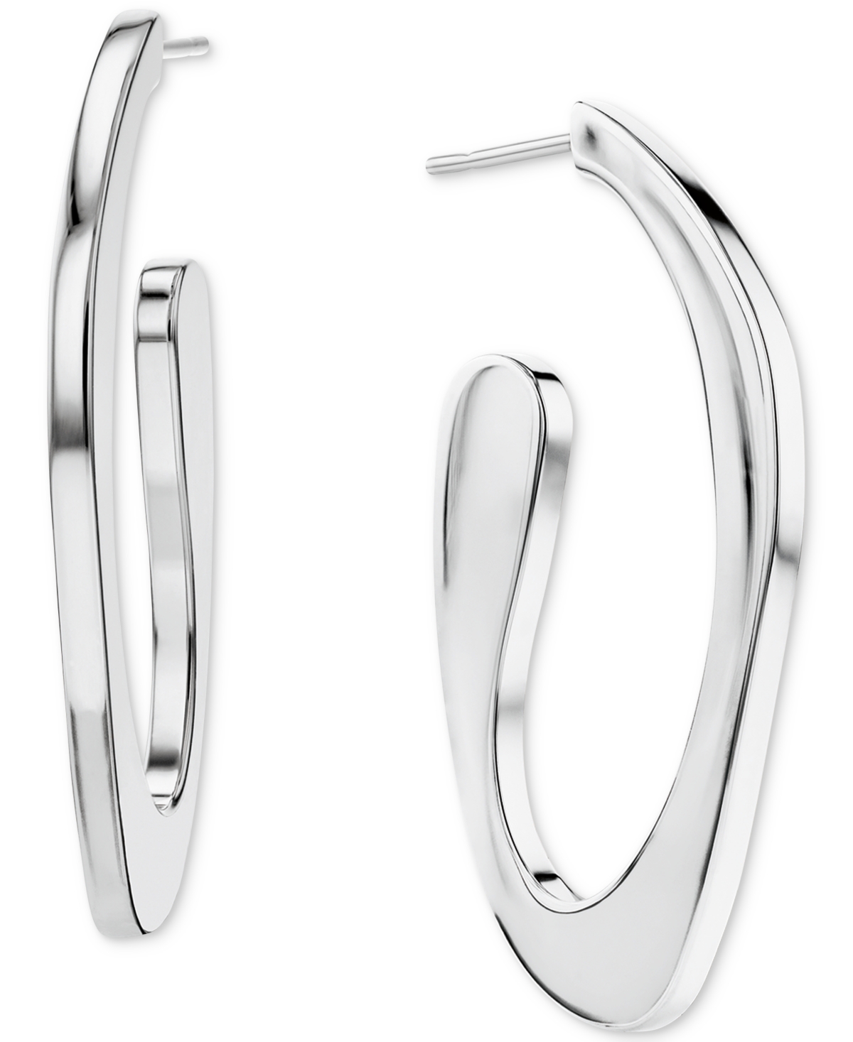 Medium Pave Sculpted Elongated Hoop Earrings - Silver