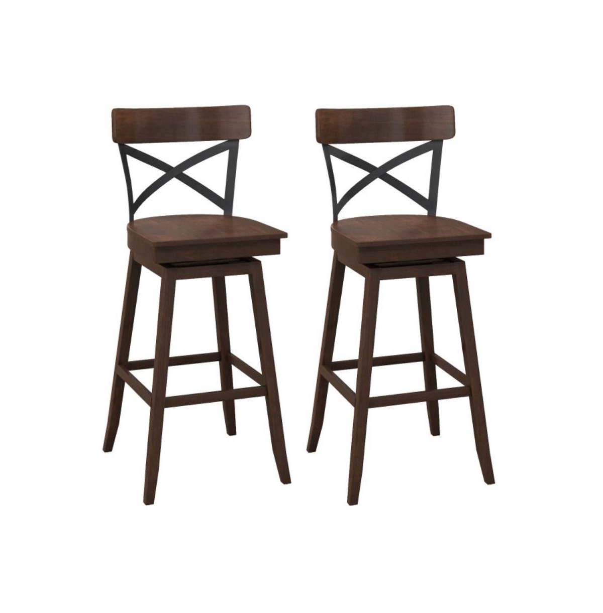 Sugift Set of 2 Wooden Swivel Bar Stools with Open X Back and Footrest - Brown