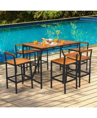 7 Pieces Acacia Wood Patio Rattan Bar Set with Umbrella Hole