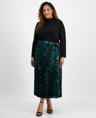Anne Klein - Plus Size Mixed-Media Pleated Midi Dress