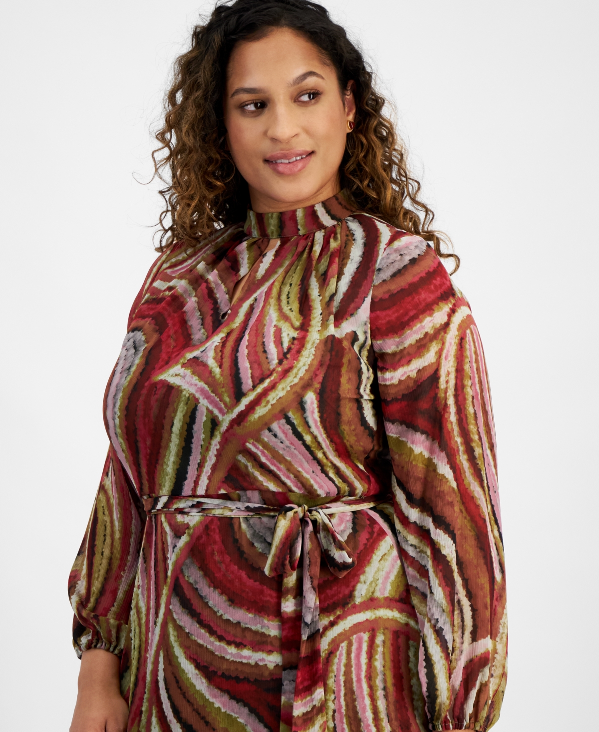 Tahari Plus Size Chiffon Long-Sleeve Midi Fit & Flare Dress