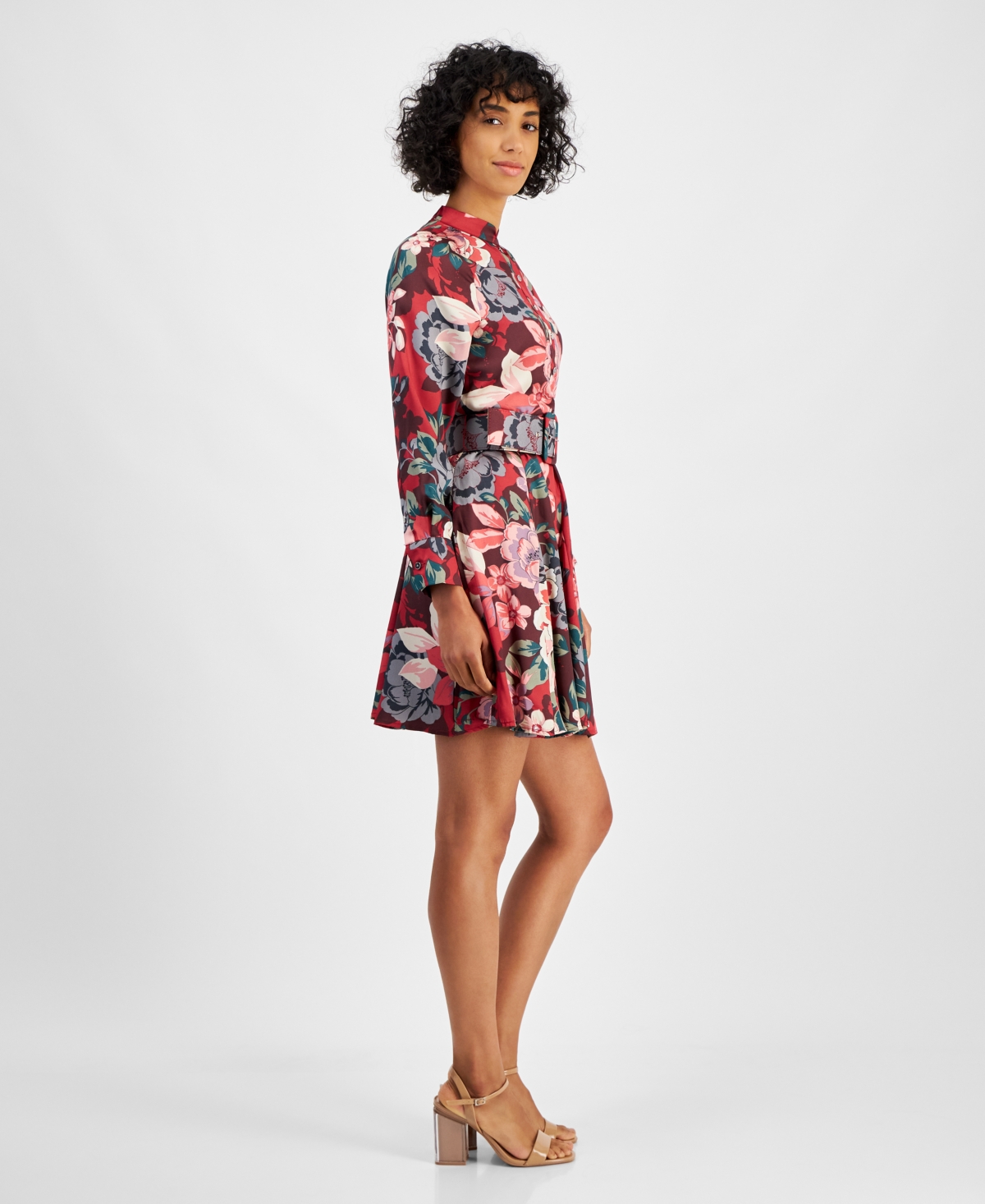 Tahari Petite Floral Button-Trim Belted Long-Sleeve Dress