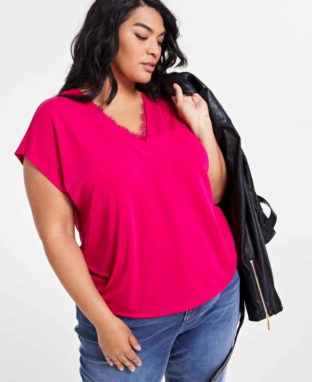I.n.c. International Concepts Plus Size Lace-Trim V-Neck Top, Created for Macy's