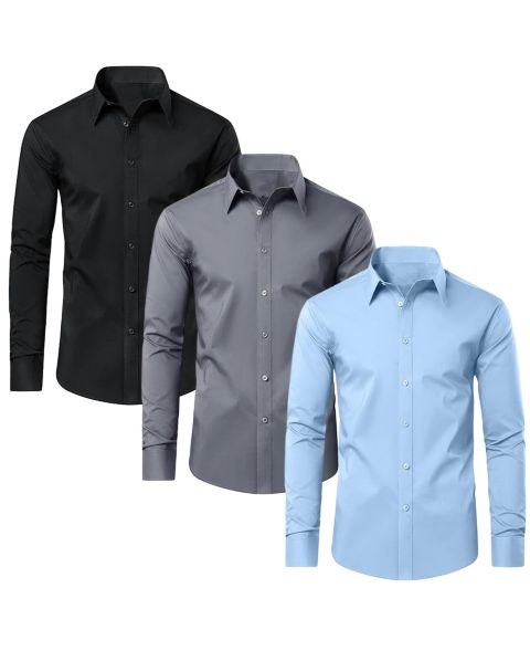 Мужские рубашки Blue Ice Long Sleeve Classic Dress Shirt- 3 Pack, цвет: Чёрный серый светлый синий