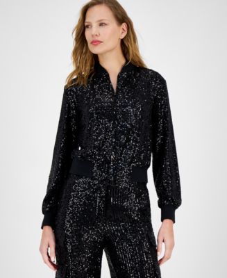 Anne Klein Women's Zip-Front Long-Sleeve Sequin Bomber Jacket Macy's