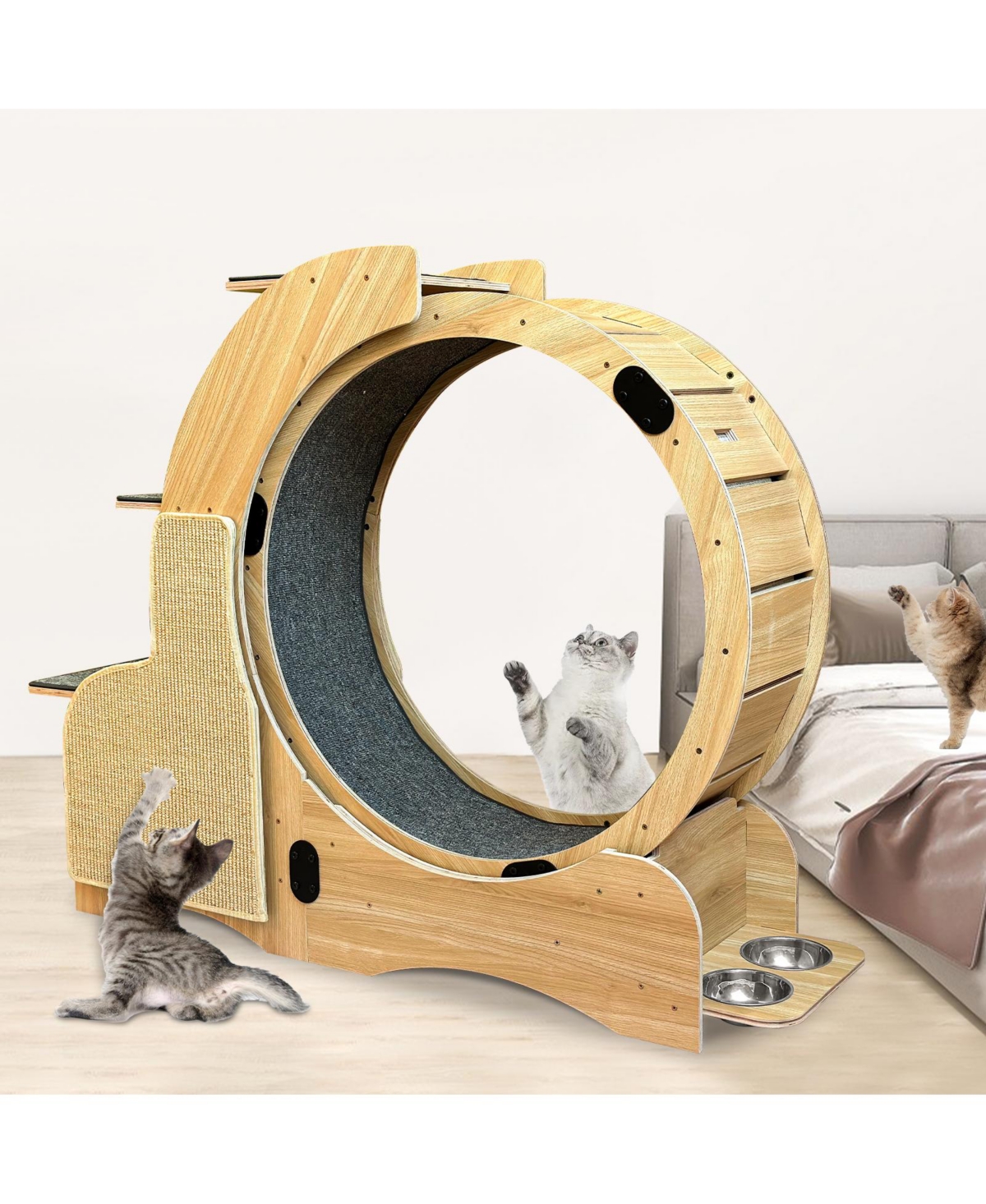 Streamdale Furniture 5-in-1 Cat Activity Center: Running Wheel, Scratching, Climbing, Litter, Food