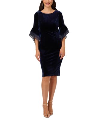 Adrianna Papell - Women's Velvet Bell-Sleeve Mesh-Trim Dress