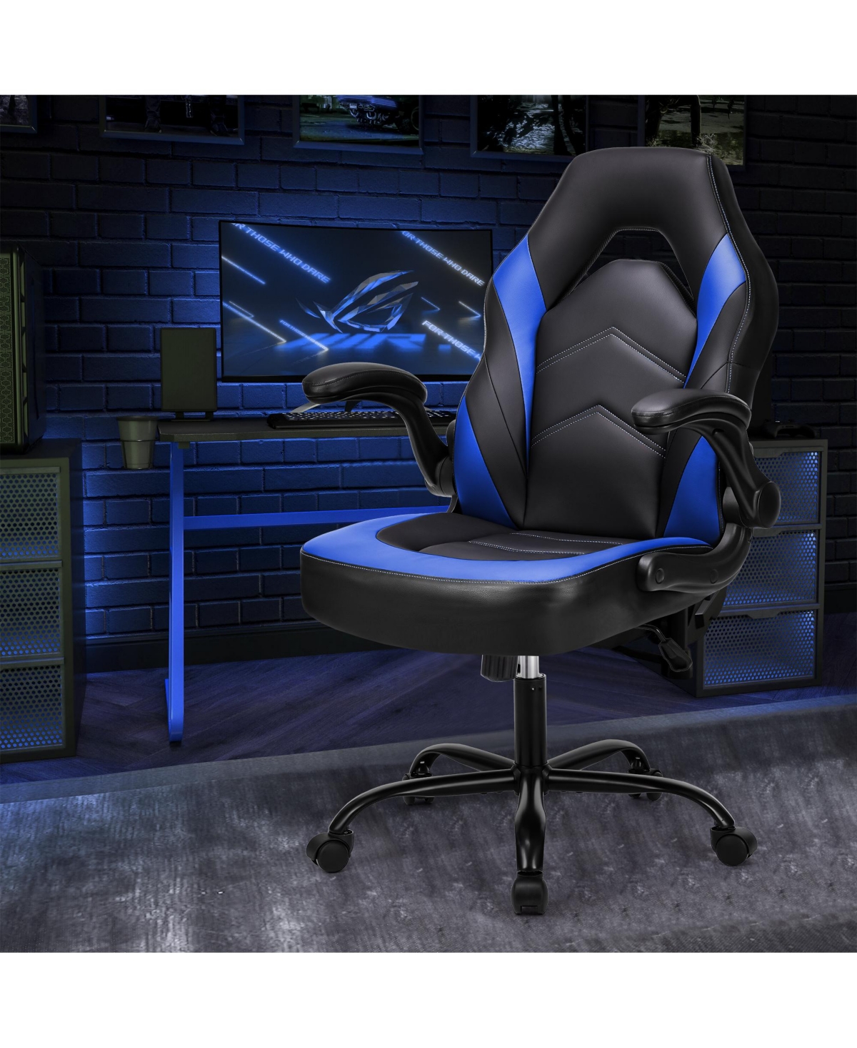 Streamdale Furniture Ergonomic Flipable Armrest Pu Leather Gaming Chair with S Curve Support - Black+blue