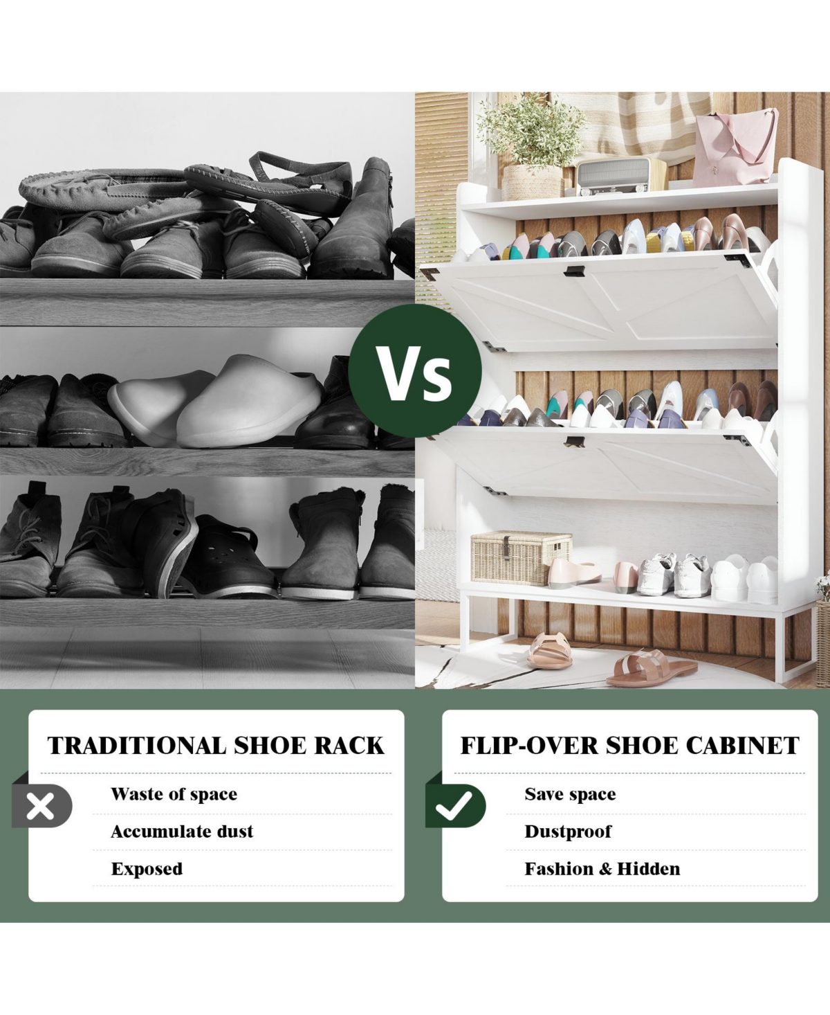 Simplie Fun Farmhouse Shoe Cabinet with Flip Drawers and Metal Legs