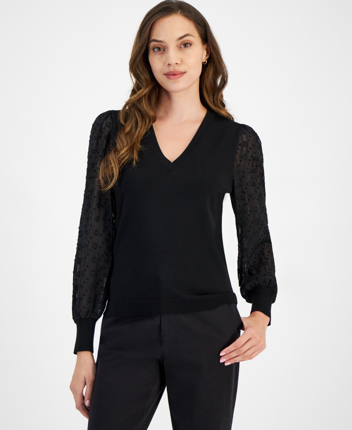 Tommy Hilfiger Womens Mixed Media Viscose V-neck Sweater In Black