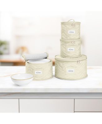 4 Piece Quilted China Dinnerware Storage Cases - for Dinnerware, Plate Organizer (Beige)