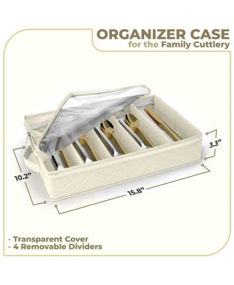Fabric Chest Flatware & Silverware Organizer Box with Zipper Clear Lid & Adjustable Divider (Beige)