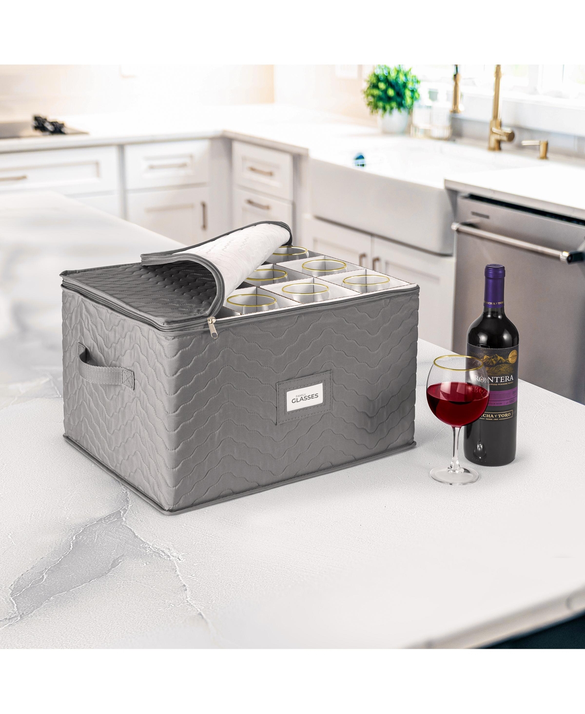Sorbus Quilted Glassware Storage Case with Dividers - Holds 12 - Great for Protecting Wine Glasses, Champagne Flutes, Goblets, and more - Gray