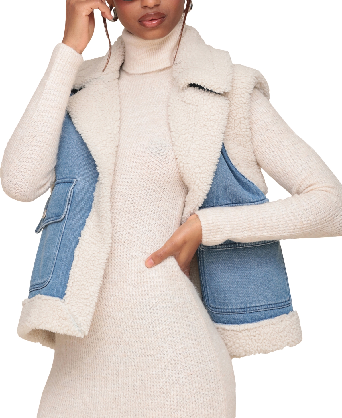 Avec Les Filles Women's Faux-Shearling-Trim Denim Vest - Light Blue-Cream