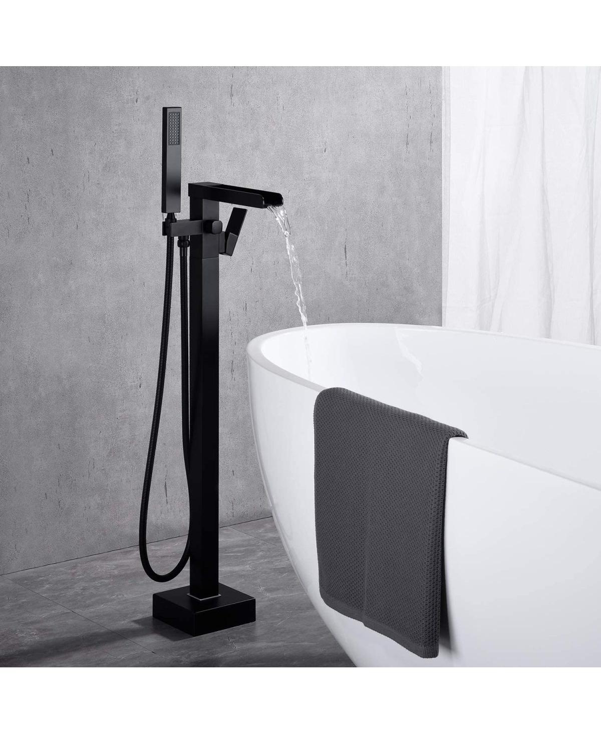 Streamdale Furniture Bathroom Freestanding Waterfall Tub FillerFloor Mount Faucet With Hand Shower - Matte black