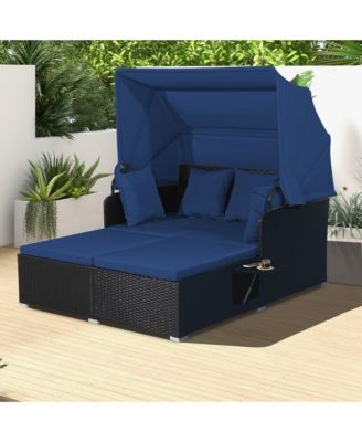 Patio Rattan Daybed Lounge Retractable Top Canopy Side Tables Cushions